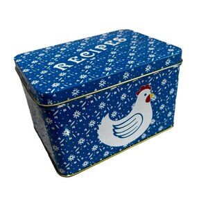 Vintage Tin Recipe Box Country Blue Chicken Hinged Kitchen Cottagecore Decor